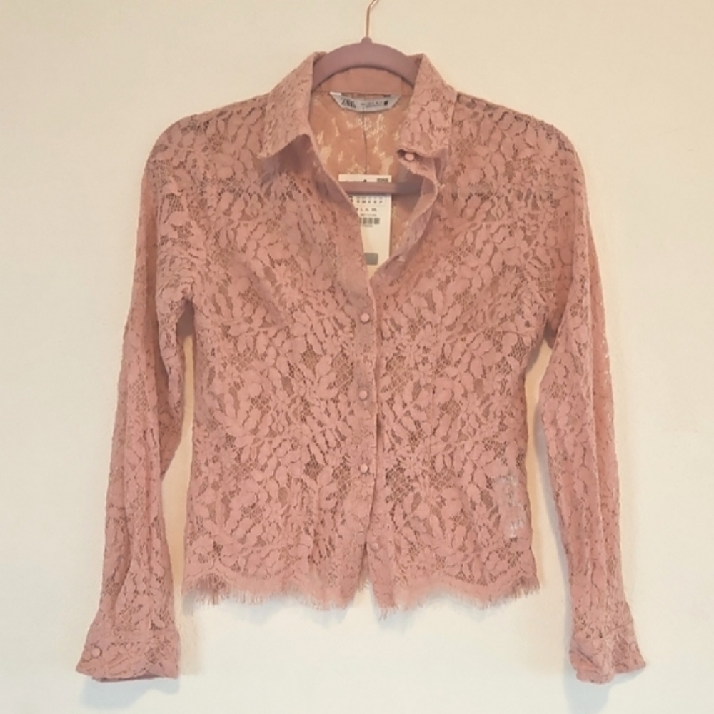 NWT Zara Blush Pink Button Up Blouse Shirt Pretty Floral Flower Lace Pattern